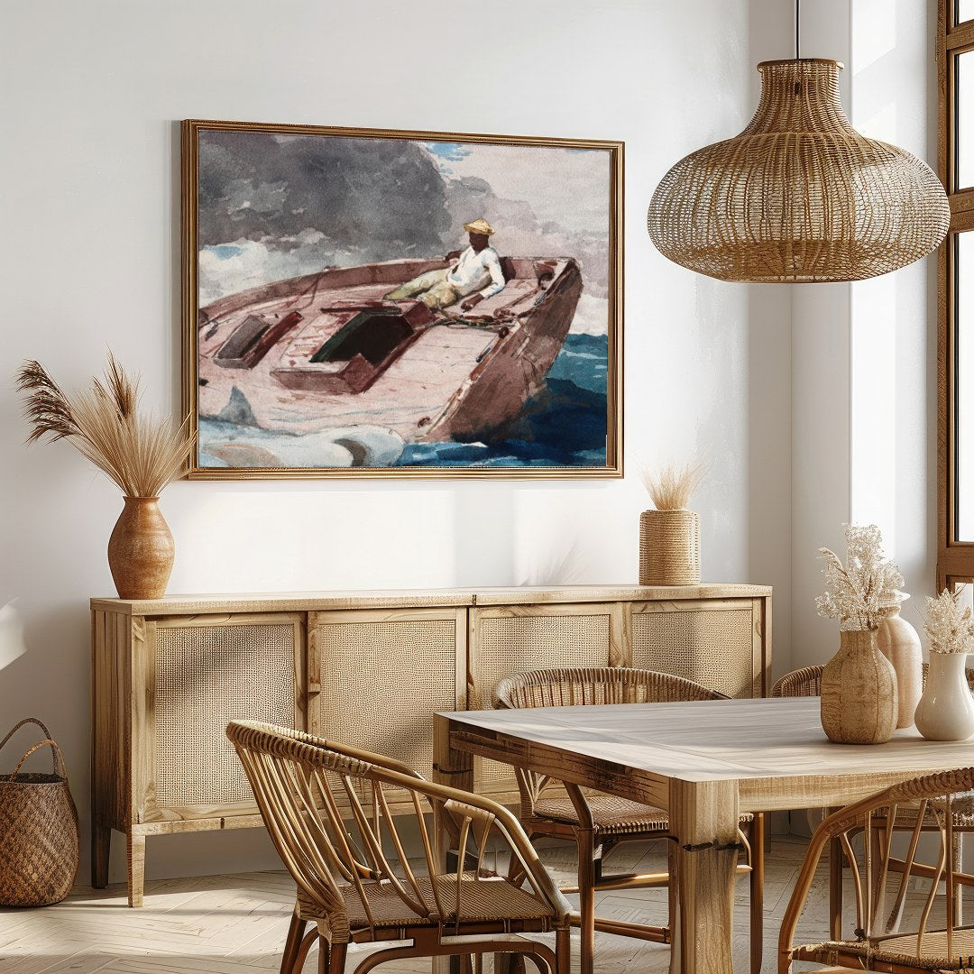 This captivating artwork captures a lone sailor navigating a small boat amidst the dynamic embrace for Dining