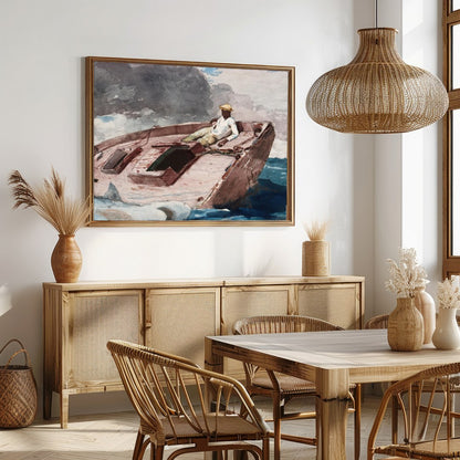 This captivating artwork captures a lone sailor navigating a small boat amidst the dynamic embrace for Dining