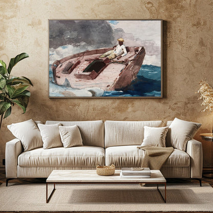 This captivating artwork captures a lone sailor navigating a small boat amidst the dynamic embrace for Family Room