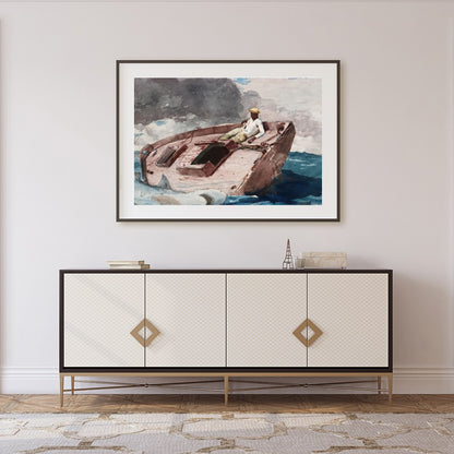 This captivating artwork captures a lone sailor navigating a small boat amidst the dynamic embrace for Foyer
