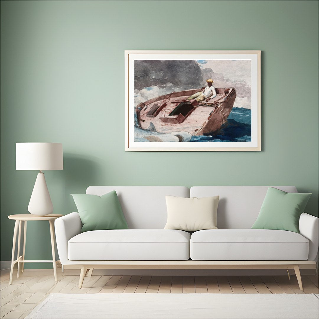 This captivating artwork captures a lone sailor navigating a small boat amidst the dynamic embrace for Hall