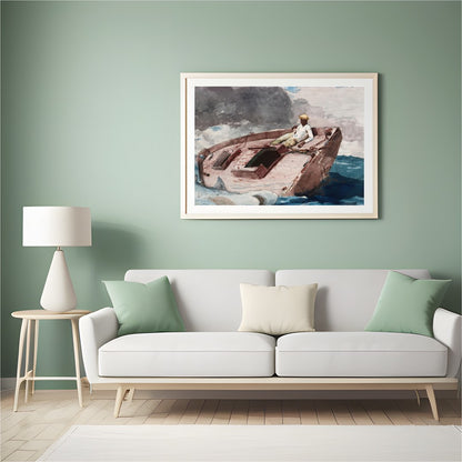 This captivating artwork captures a lone sailor navigating a small boat amidst the dynamic embrace for Hall