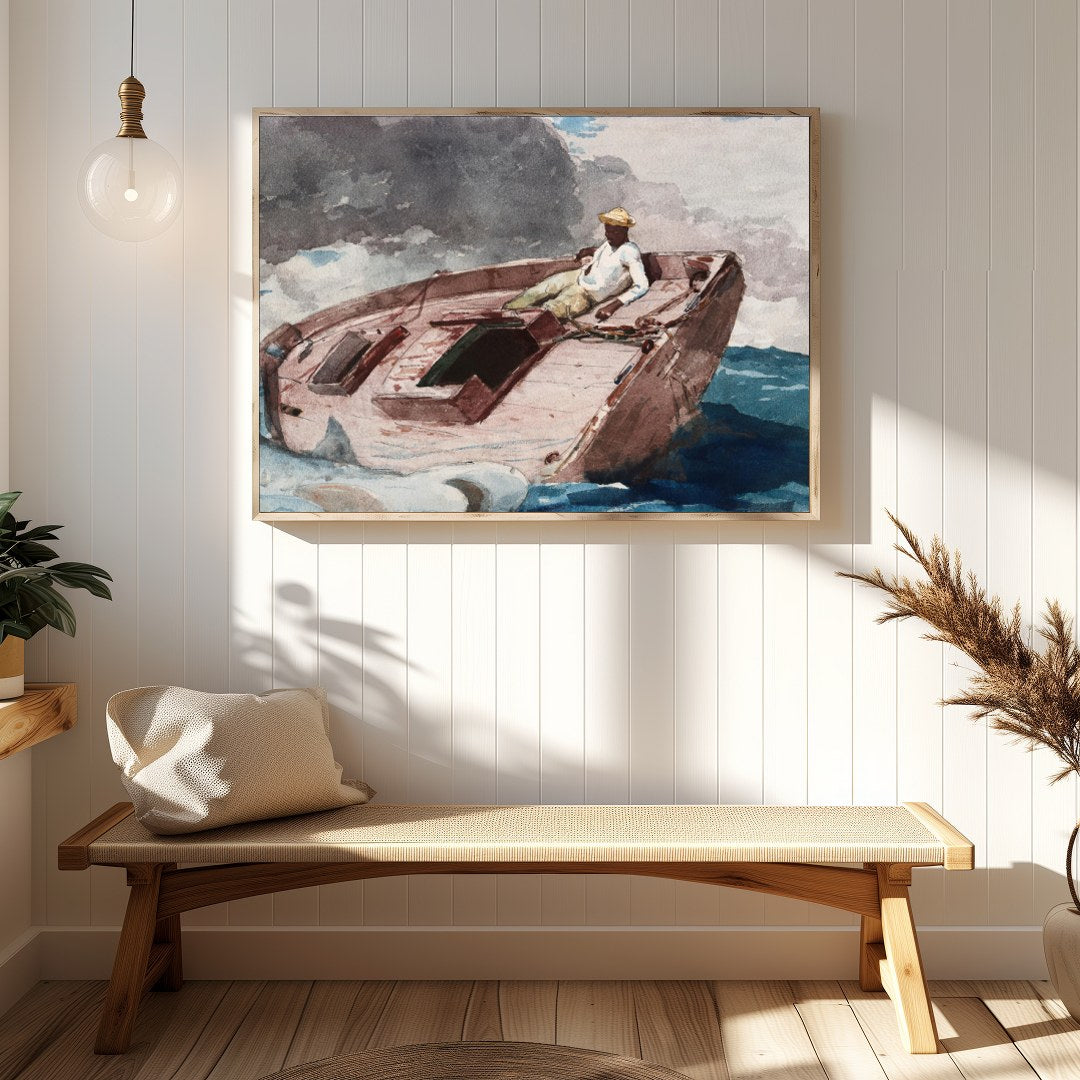 This captivating artwork captures a lone sailor navigating a small boat amidst the dynamic embrace for Hallway