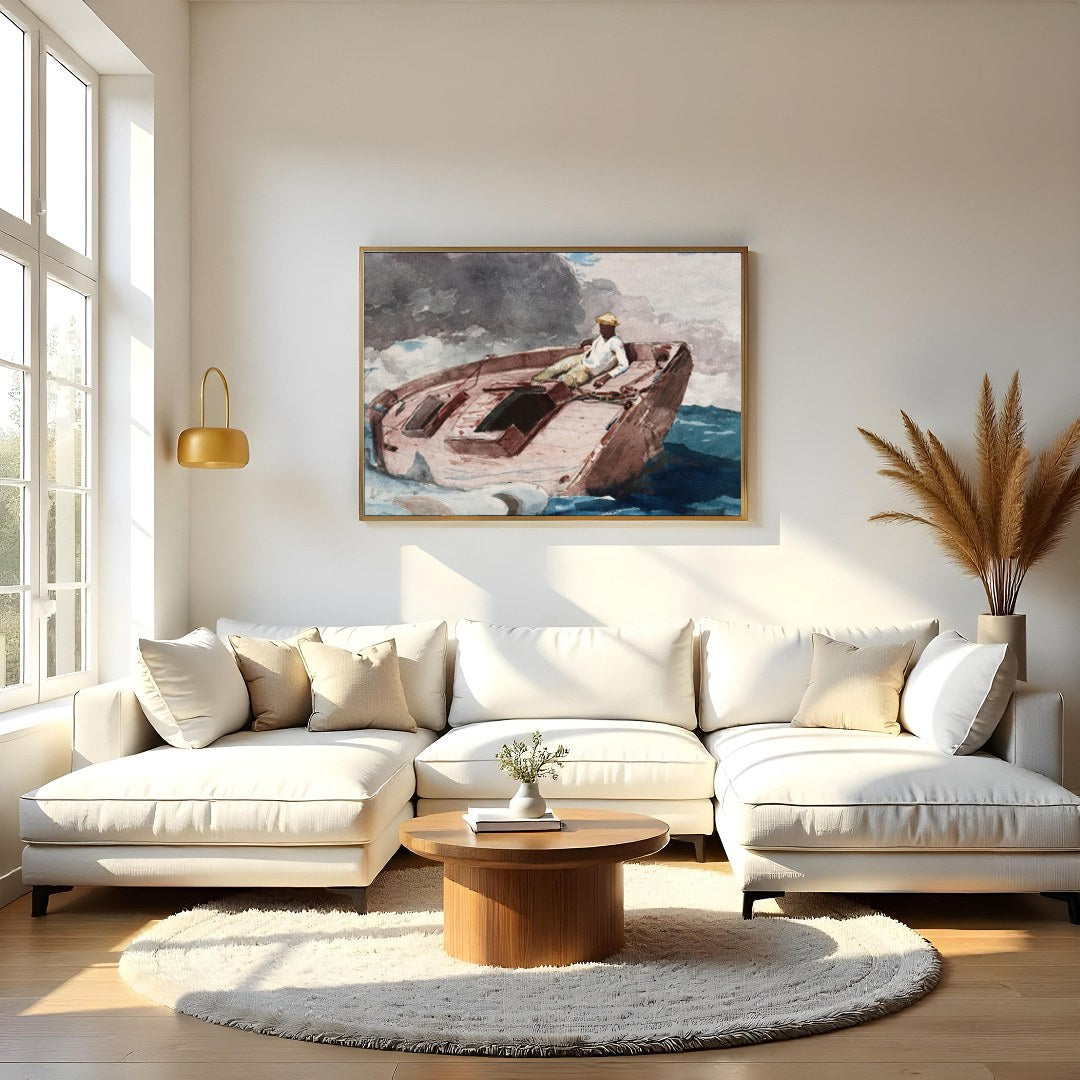 This captivating artwork captures a lone sailor navigating a small boat amidst the dynamic embrace for Living Room