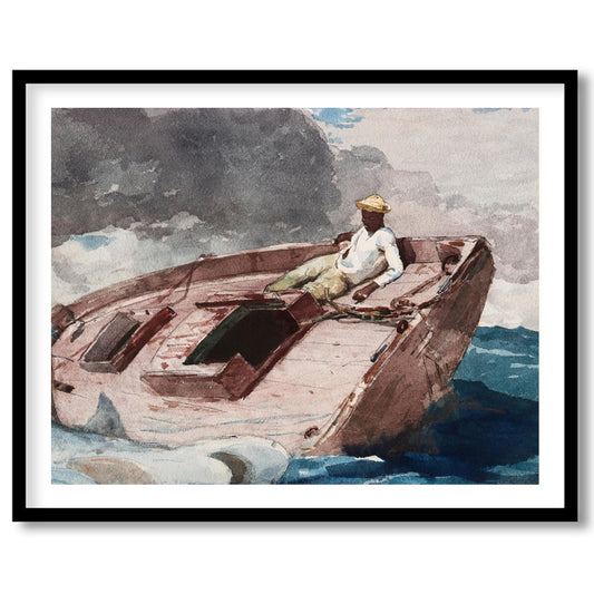 This captivating artwork captures a lone sailor navigating a small boat amidst the dynamic embrace for office