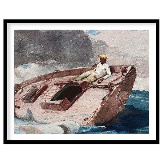 This captivating artwork captures a lone sailor navigating a small boat amidst the dynamic embrace for office