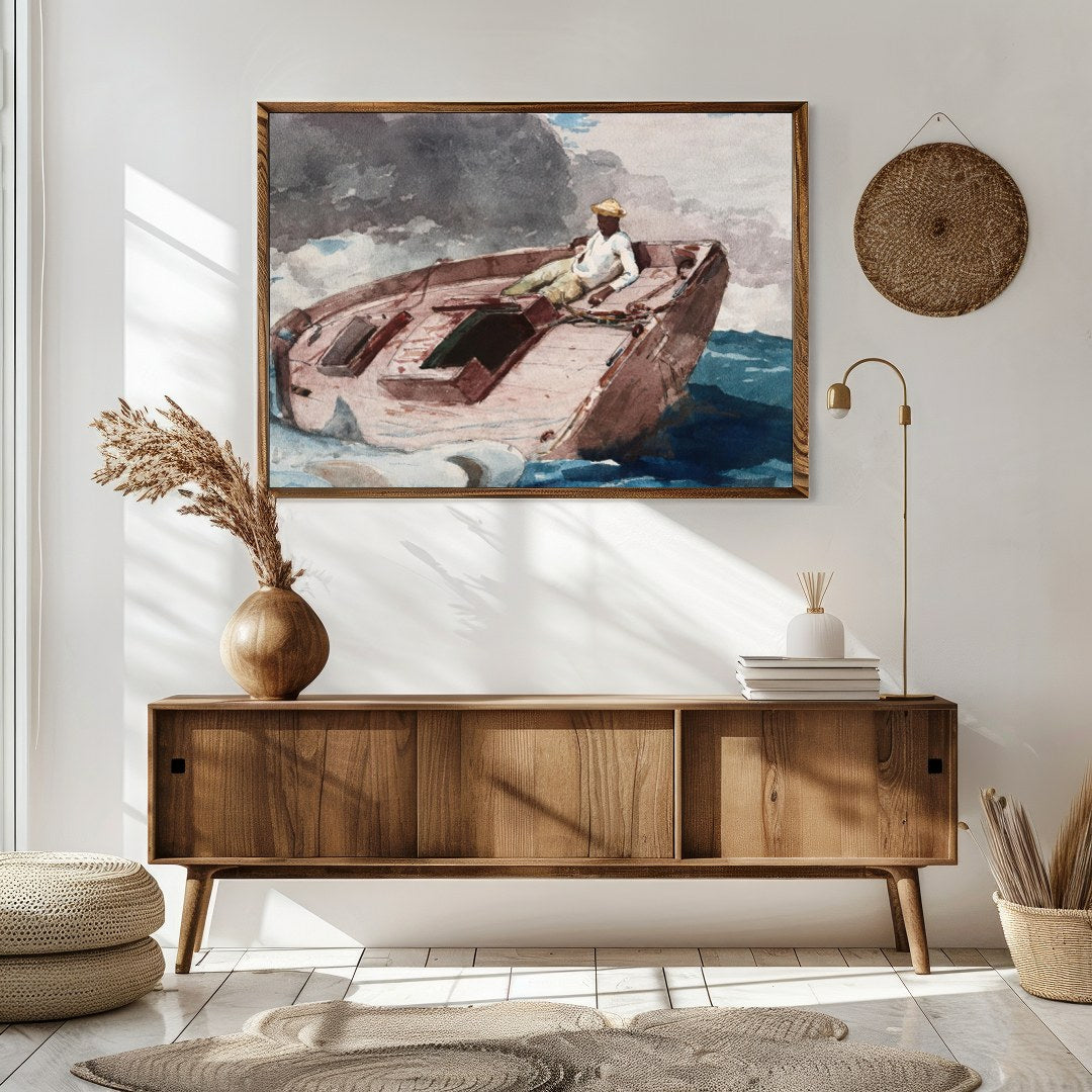 This captivating artwork captures a lone sailor navigating a small boat amidst the dynamic embrace for Sitting Area