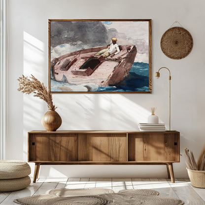 This captivating artwork captures a lone sailor navigating a small boat amidst the dynamic embrace for Sitting Area