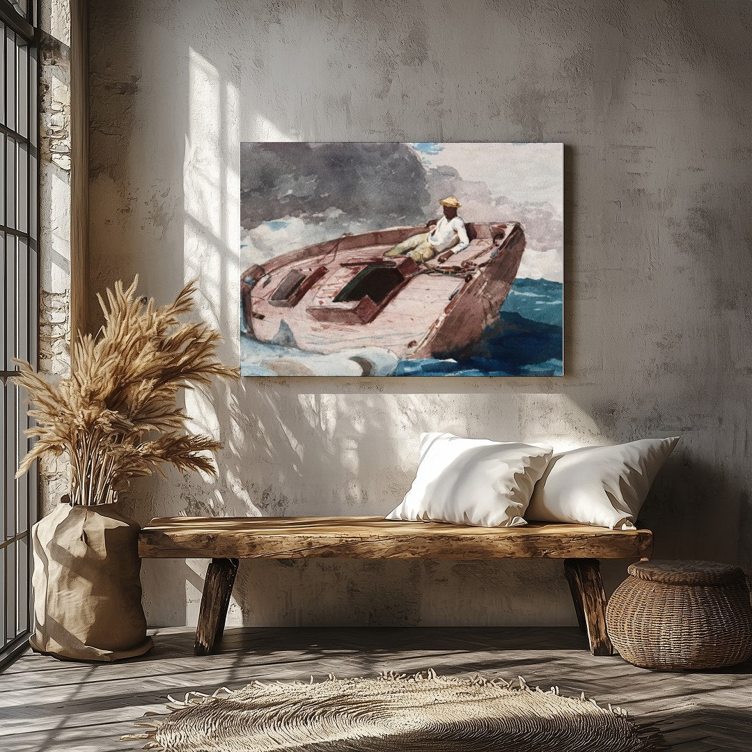 This captivating artwork captures a lone sailor navigating a small boat amidst the dynamic embrace for Veranda