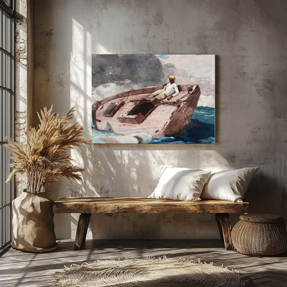This captivating artwork captures a lone sailor navigating a small boat amidst the dynamic embrace for Veranda