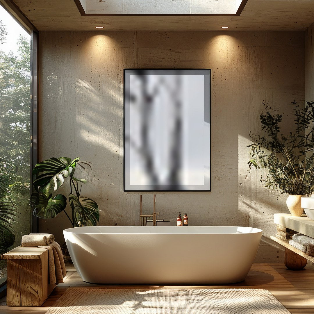 Embrace tranquility with this captivating artwork featuring a solitary tree on a vast, serene for Bathroom