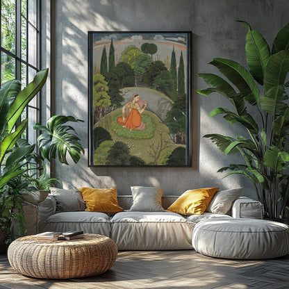 Discover the serenity captured in this Mughal miniature painting, featuring a woman in traditional for Balcony