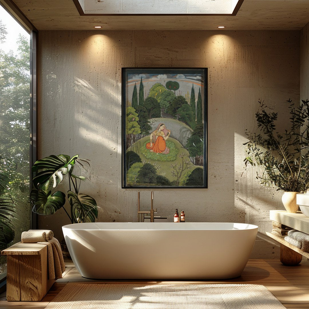 Discover the serenity captured in this Mughal miniature painting, featuring a woman in traditional for Bathroom