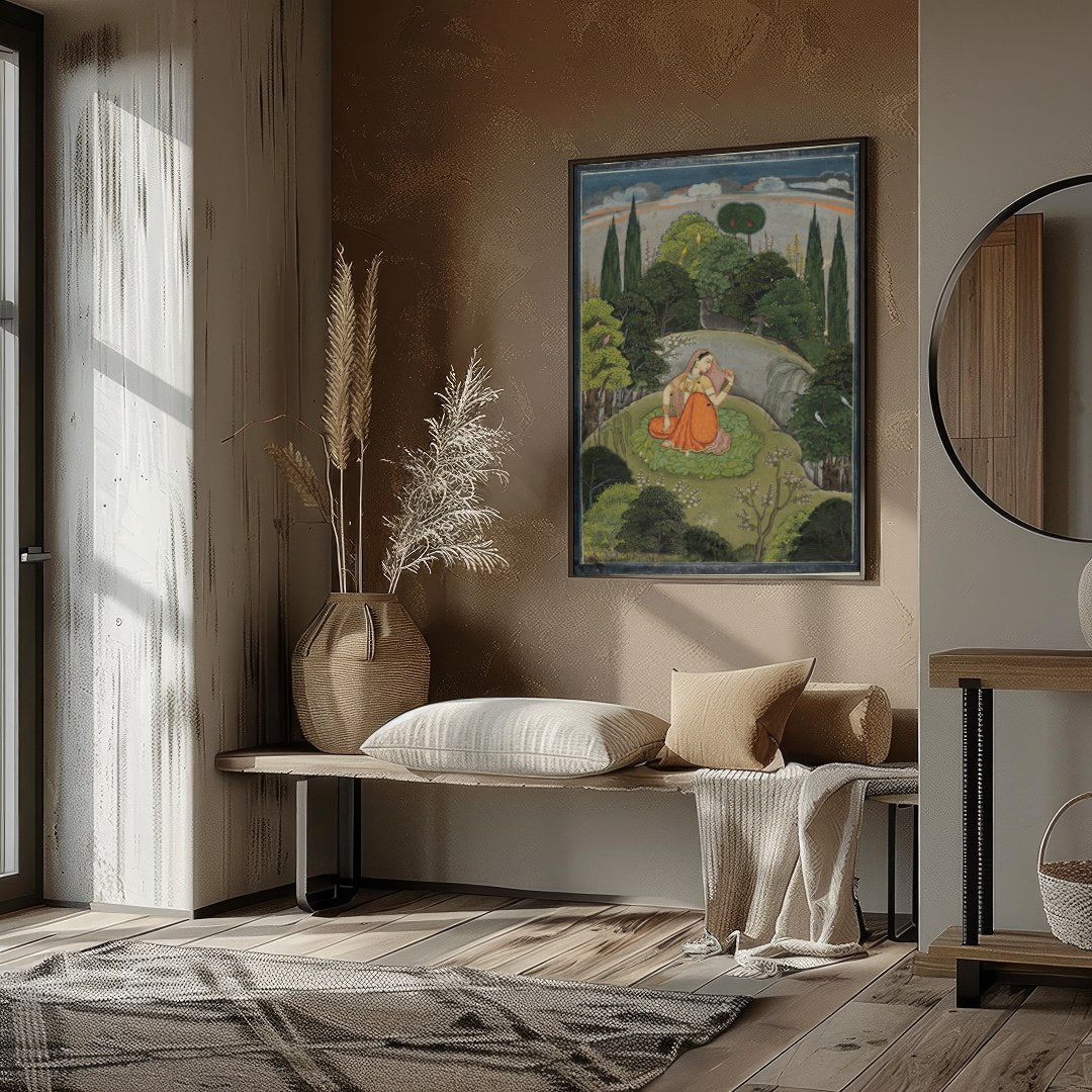 Discover the serenity captured in this Mughal miniature painting, featuring a woman in traditional for dwelling