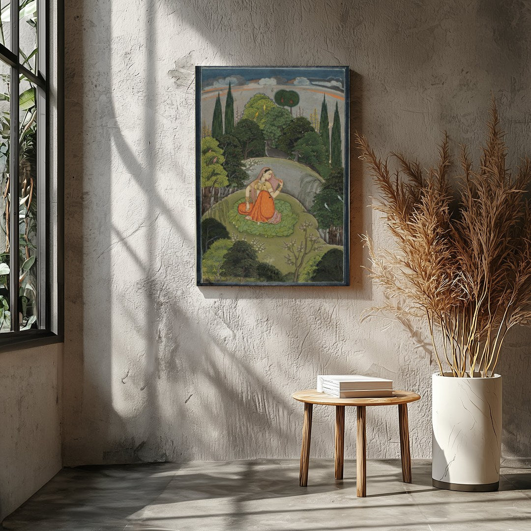 Discover the serenity captured in this Mughal miniature painting, featuring a woman in traditional for Entrance
