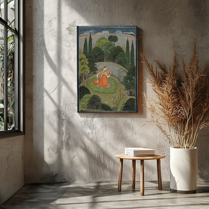 Discover the serenity captured in this Mughal miniature painting, featuring a woman in traditional for Entrance