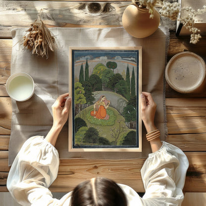 Discover the serenity captured in this Mughal miniature painting, featuring a woman in traditional for Kitchen