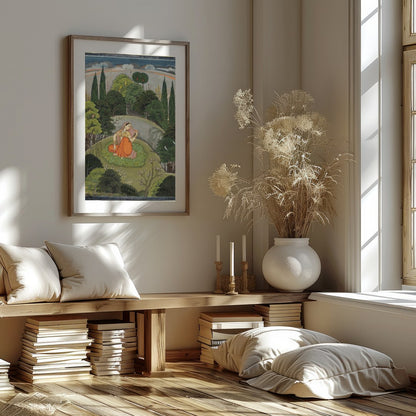 Discover the serenity captured in this Mughal miniature painting, featuring a woman in traditional for nook