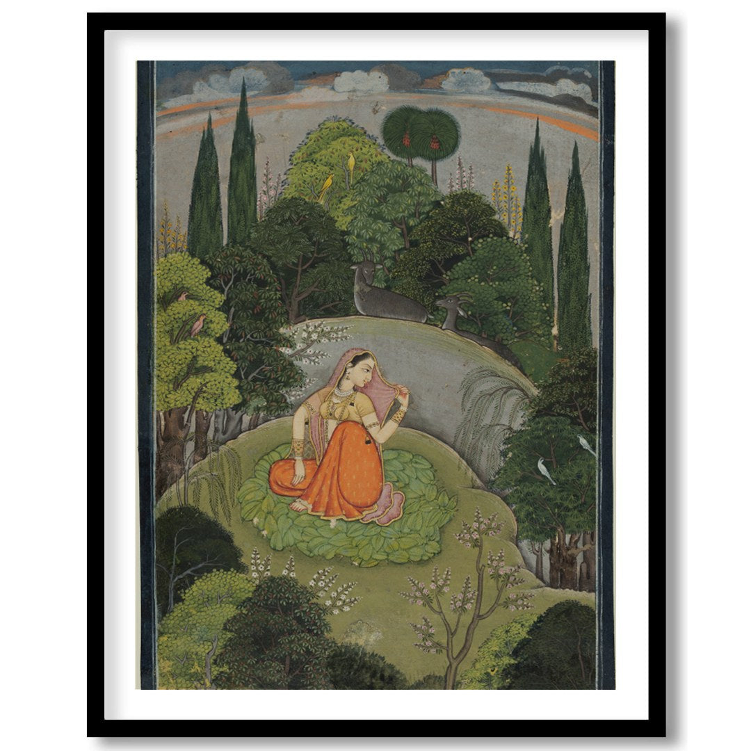 Discover the serenity captured in this Mughal miniature painting, featuring a woman in traditional for office