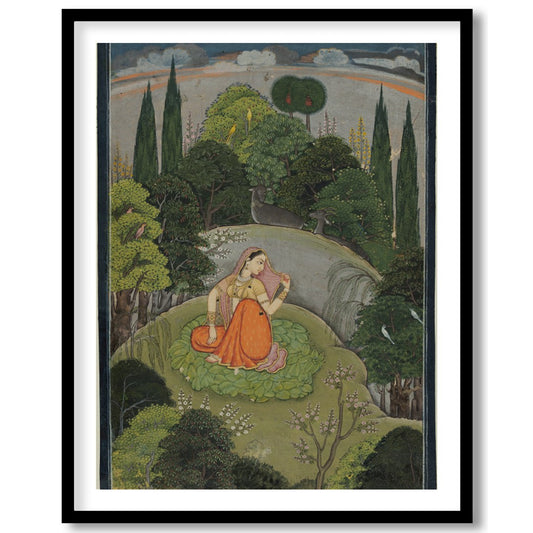Discover the serenity captured in this Mughal miniature painting, featuring a woman in traditional for office
