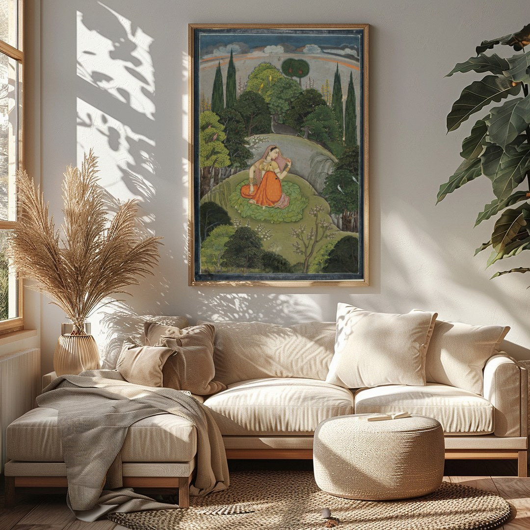 Discover the serenity captured in this Mughal miniature painting, featuring a woman in traditional for Sitting Area
