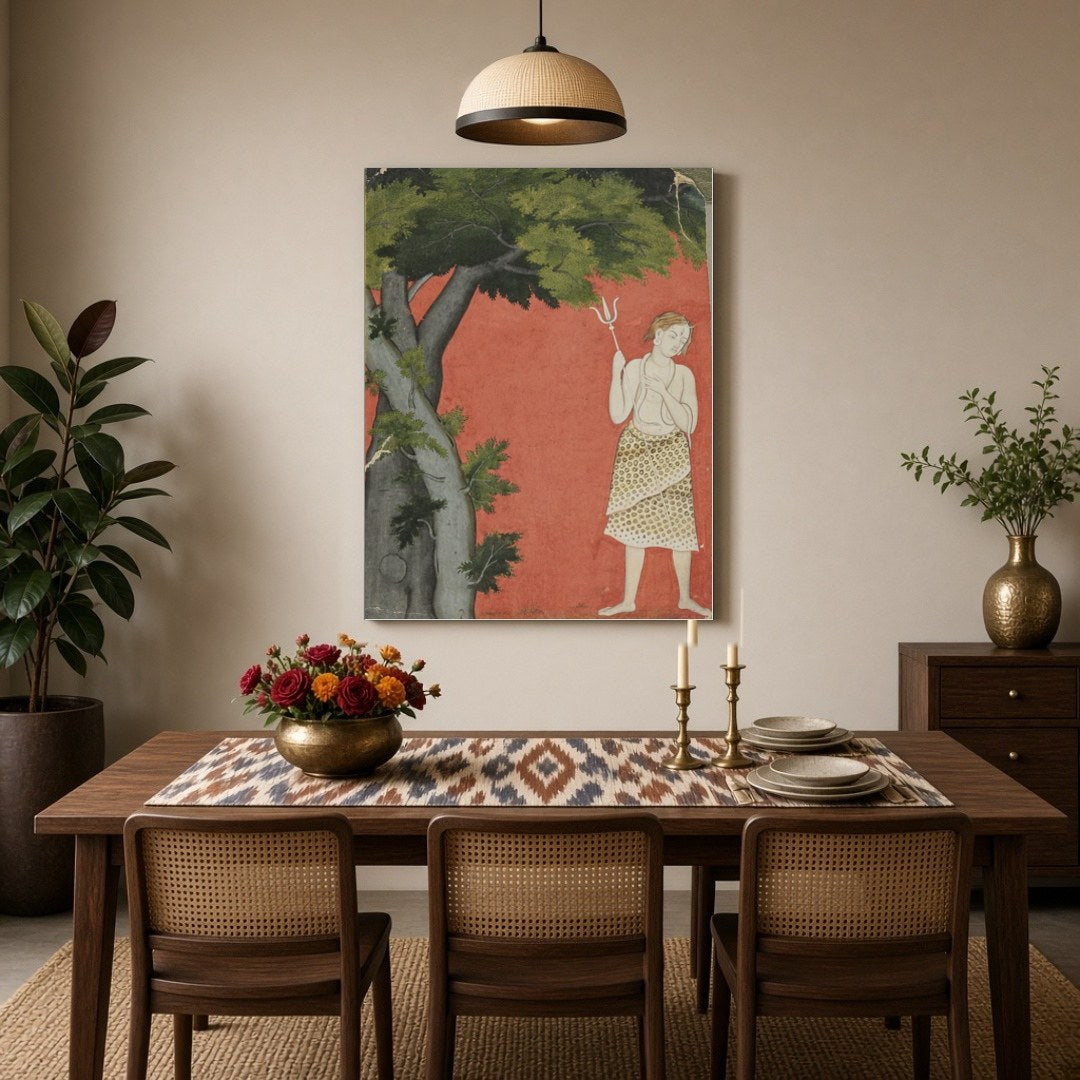Discover the serene presence of Lord Shiva standing gracefully beneath a sprawling tree against a for Dining