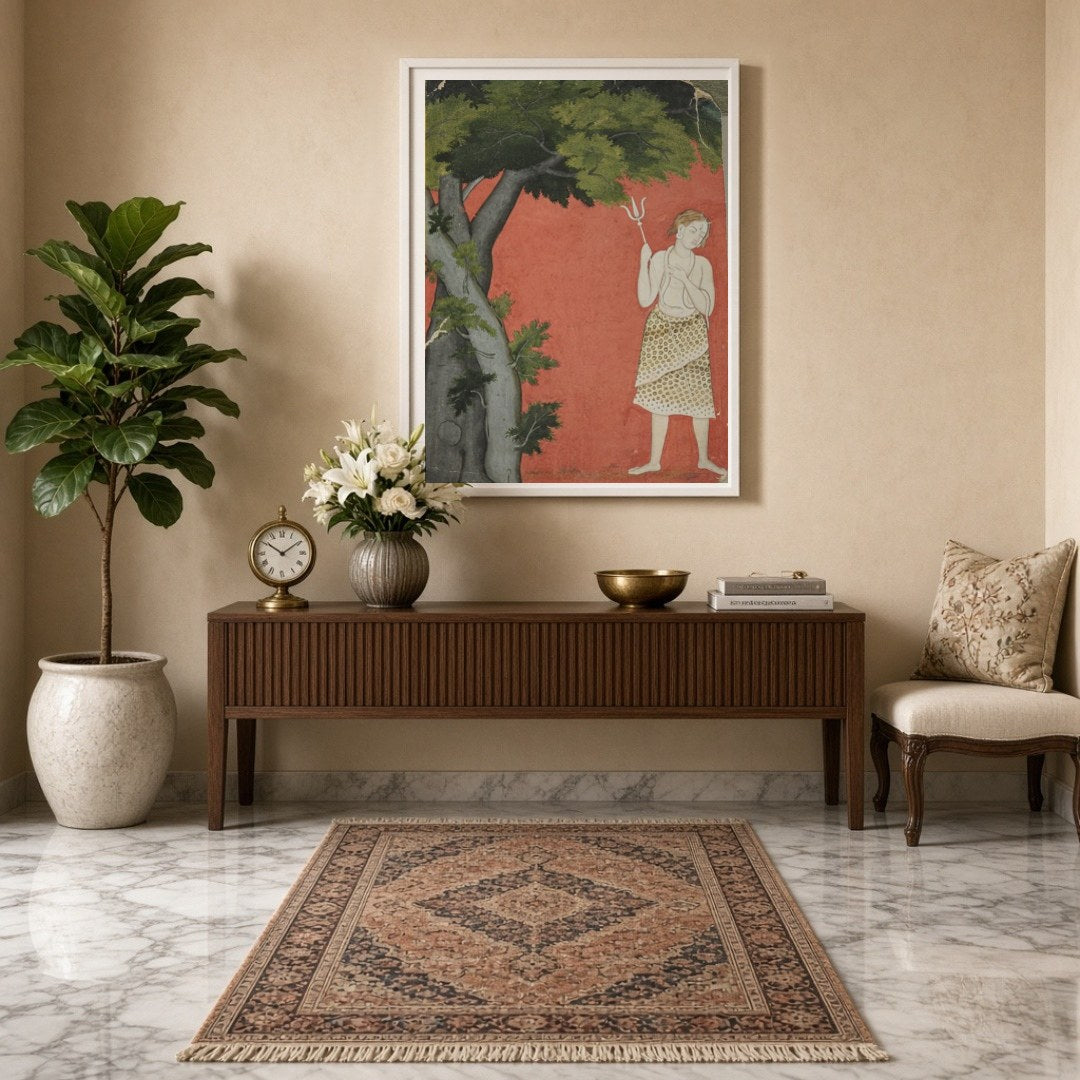 Discover the serene presence of Lord Shiva standing gracefully beneath a sprawling tree against a for Entrance