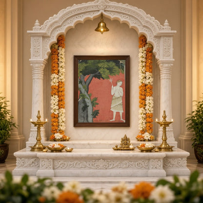 Discover the serene presence of Lord Shiva standing gracefully beneath a sprawling tree against a for Home Temple
