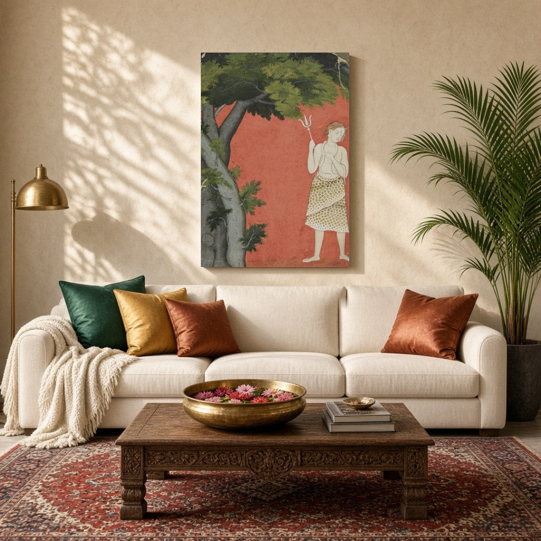 Discover the serene presence of Lord Shiva standing gracefully beneath a sprawling tree against a for Living Room