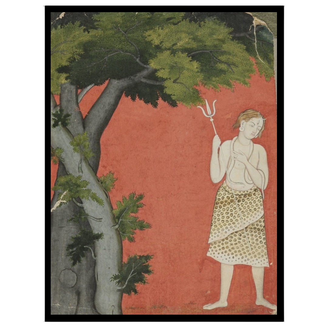 Discover the serene presence of Lord Shiva standing gracefully beneath a sprawling tree against a for residence