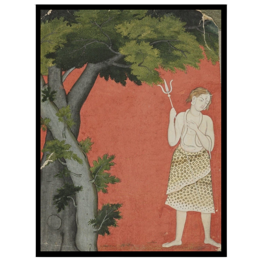 Discover the serene presence of Lord Shiva standing gracefully beneath a sprawling tree against a for residence