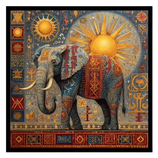 This captivating artwork showcases a majestic elephant adorned with intricate patterns against a for living-space