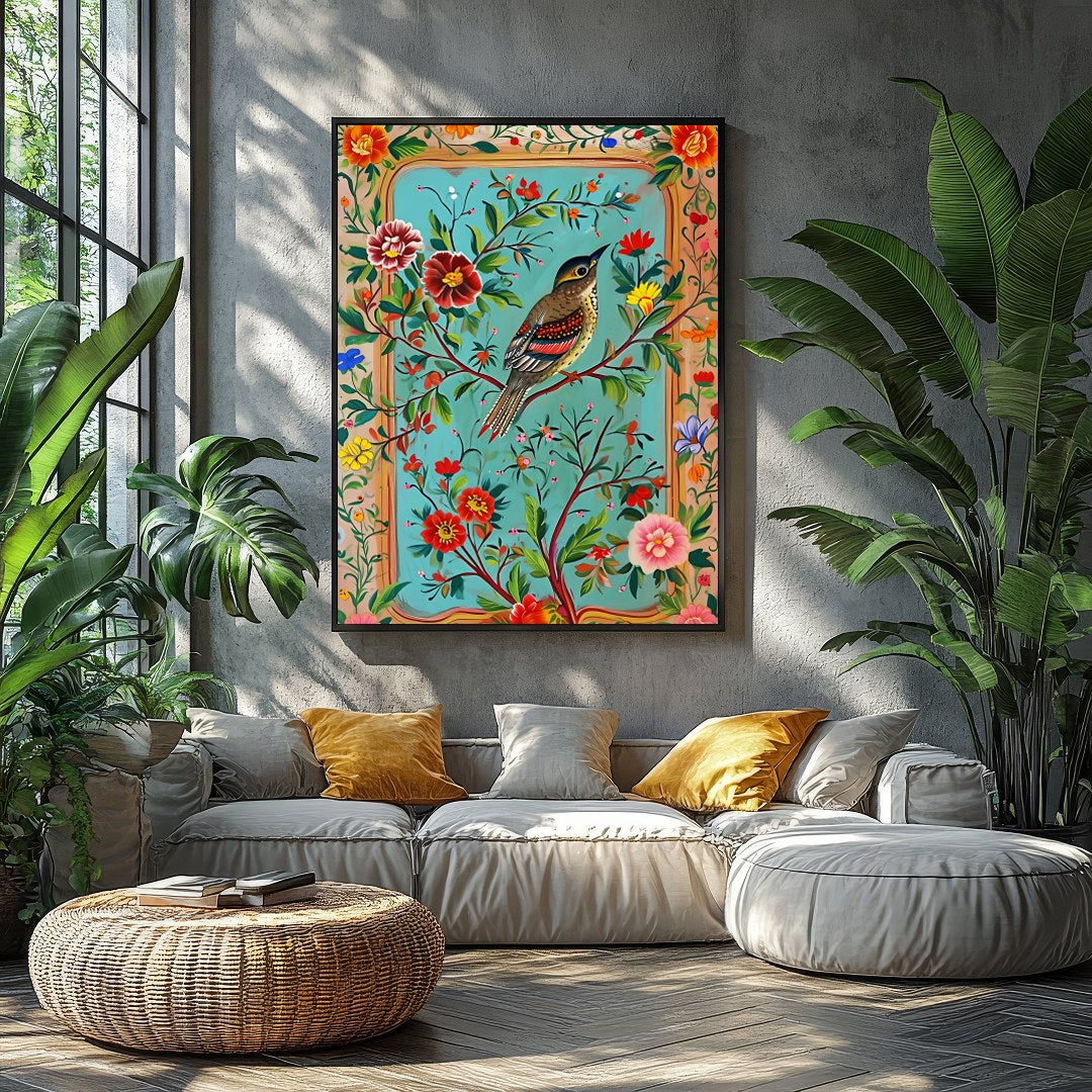 Immerse yourself in a vibrant depiction of nature with this exquisite artwork featuring a songbird for Balcony