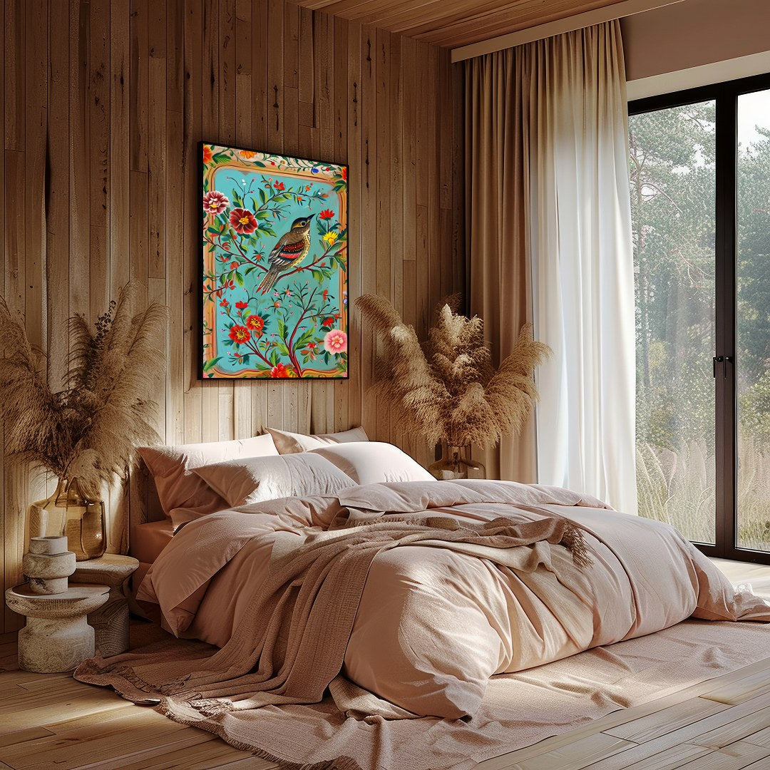 Immerse yourself in a vibrant depiction of nature with this exquisite artwork featuring a songbird for Bedroom