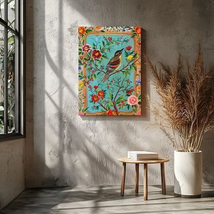 Immerse yourself in a vibrant depiction of nature with this exquisite artwork featuring a songbird for Entrance
