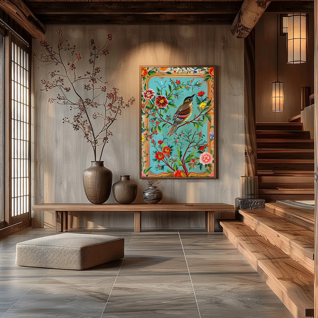 Immerse yourself in a vibrant depiction of nature with this exquisite artwork featuring a songbird for Hall