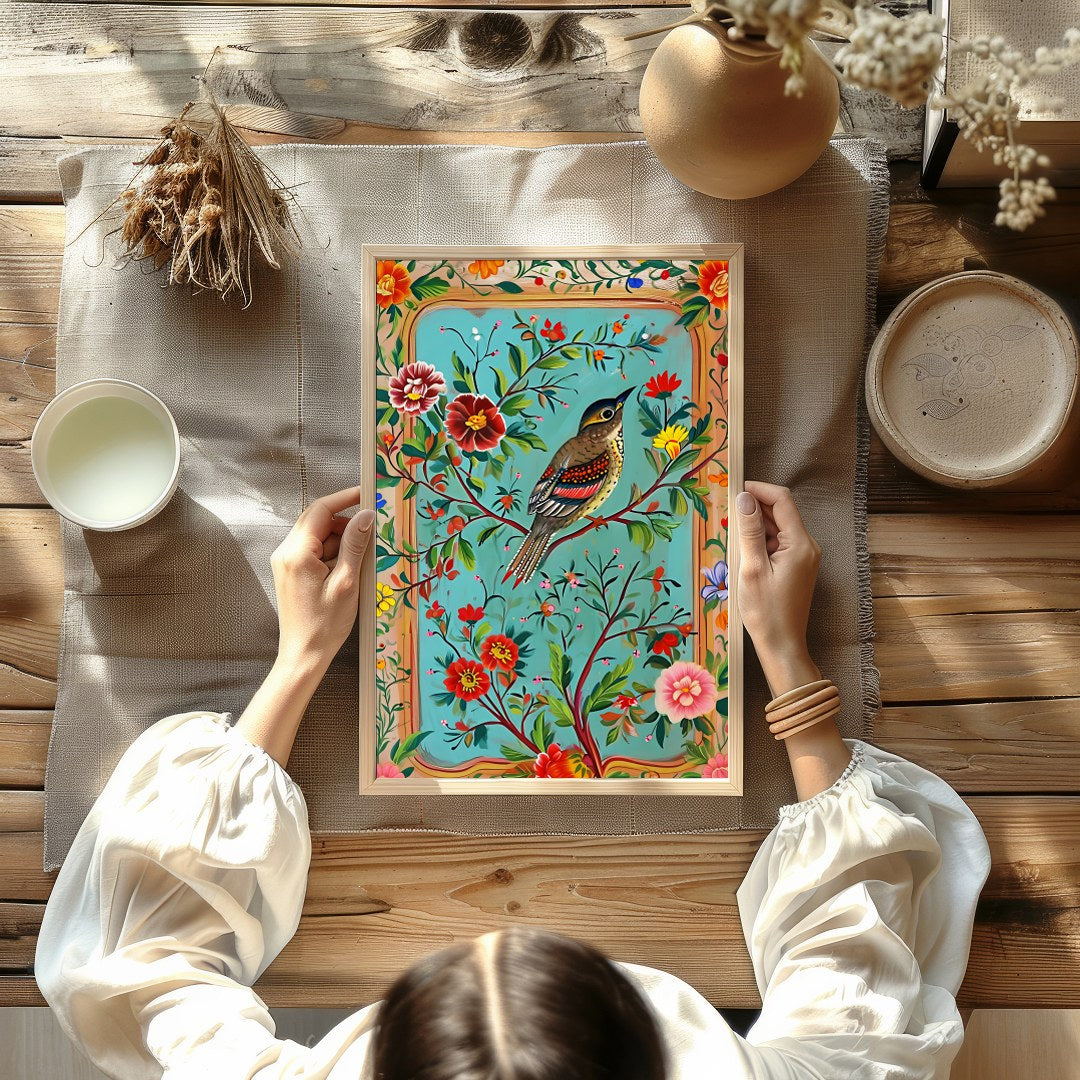 Immerse yourself in a vibrant depiction of nature with this exquisite artwork featuring a songbird for Kitchen