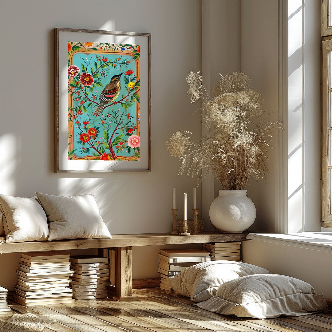 Immerse yourself in a vibrant depiction of nature with this exquisite artwork featuring a songbird for nook