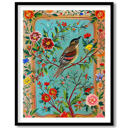 Immerse yourself in a vibrant depiction of nature with this exquisite artwork featuring a songbird for office