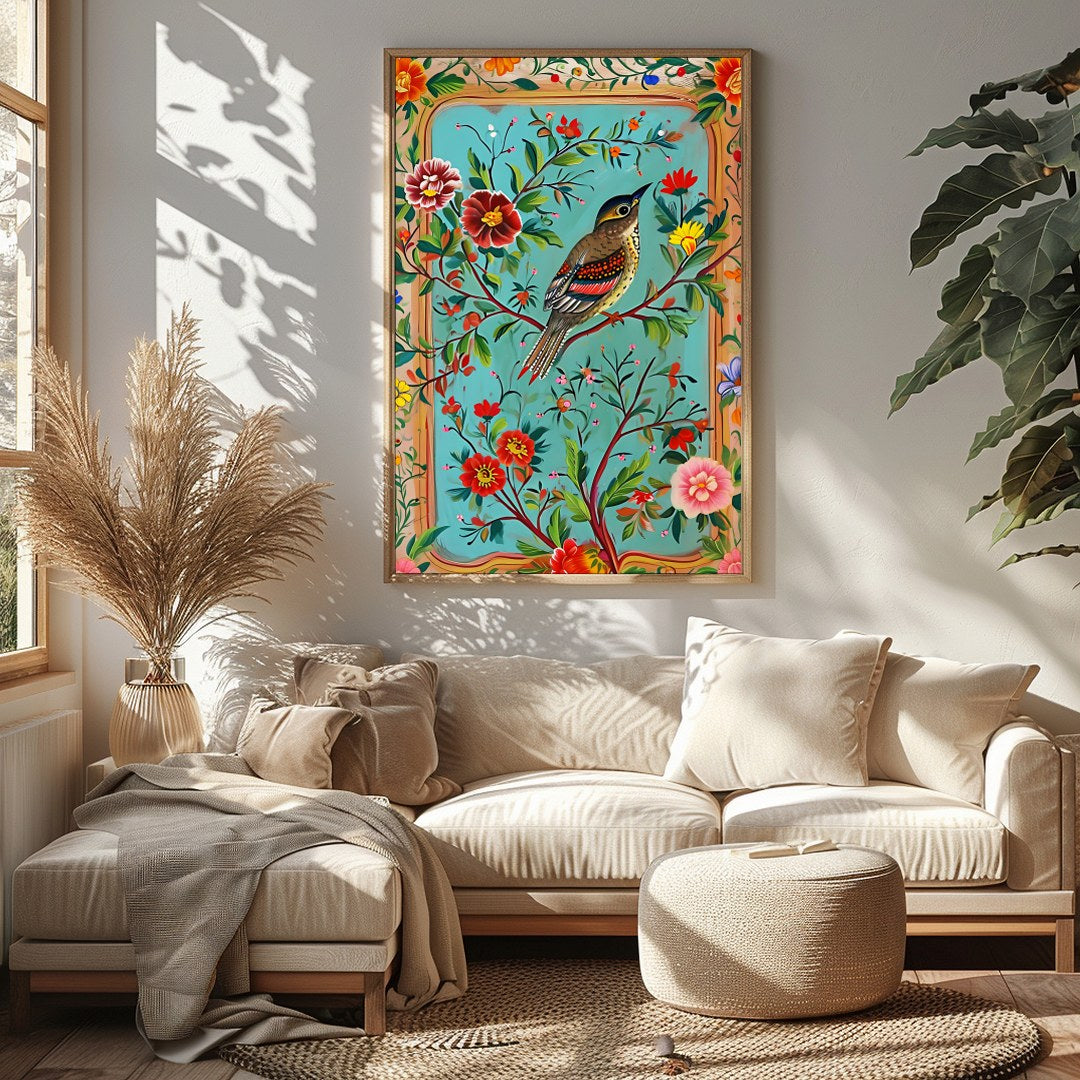 Immerse yourself in a vibrant depiction of nature with this exquisite artwork featuring a songbird for Sitting Area