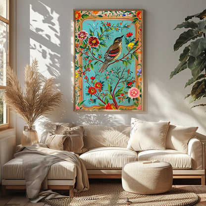 Immerse yourself in a vibrant depiction of nature with this exquisite artwork featuring a songbird for Sitting Area