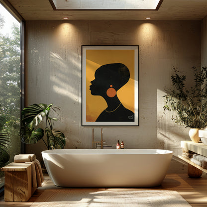 A minimalist and striking portrait of a woman, rendered in bold black and gold tones. The artwork f… for bathroom