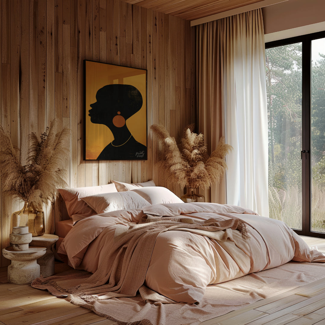 A minimalist and striking portrait of a woman, rendered in bold black and gold tones. The artwork f… for bedroom