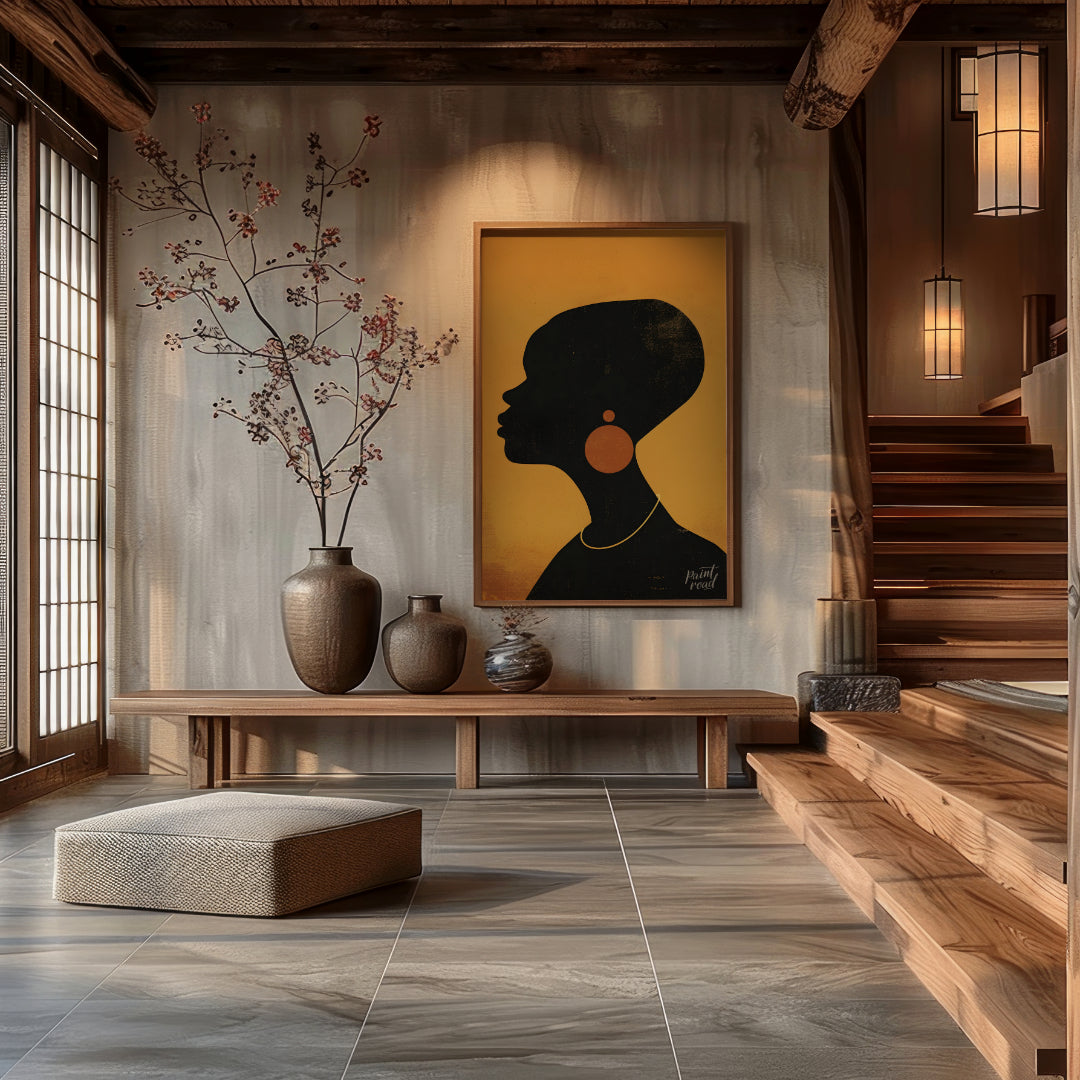 A minimalist and striking portrait of a woman, rendered in bold black and gold tones. The artwork f… for entryway