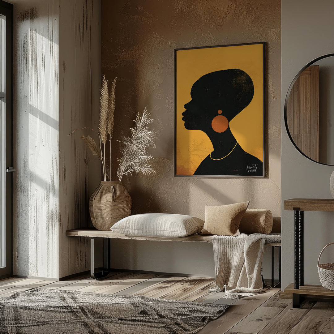 A minimalist and striking portrait of a woman, rendered in bold black and gold tones. The artwork f… for entryway