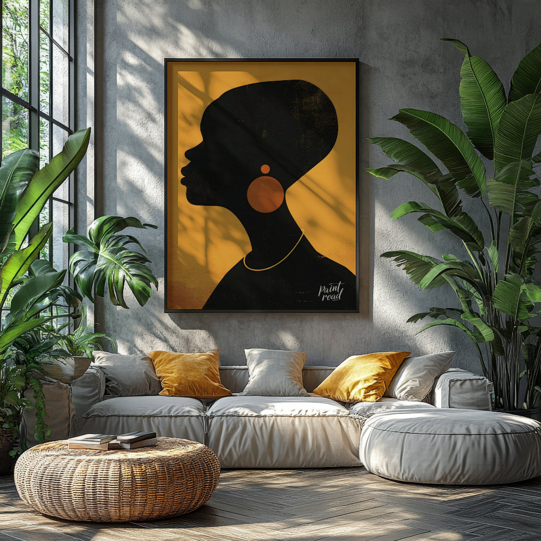 A minimalist and striking portrait of a woman, rendered in bold black and gold tones. The artwork f… for living room