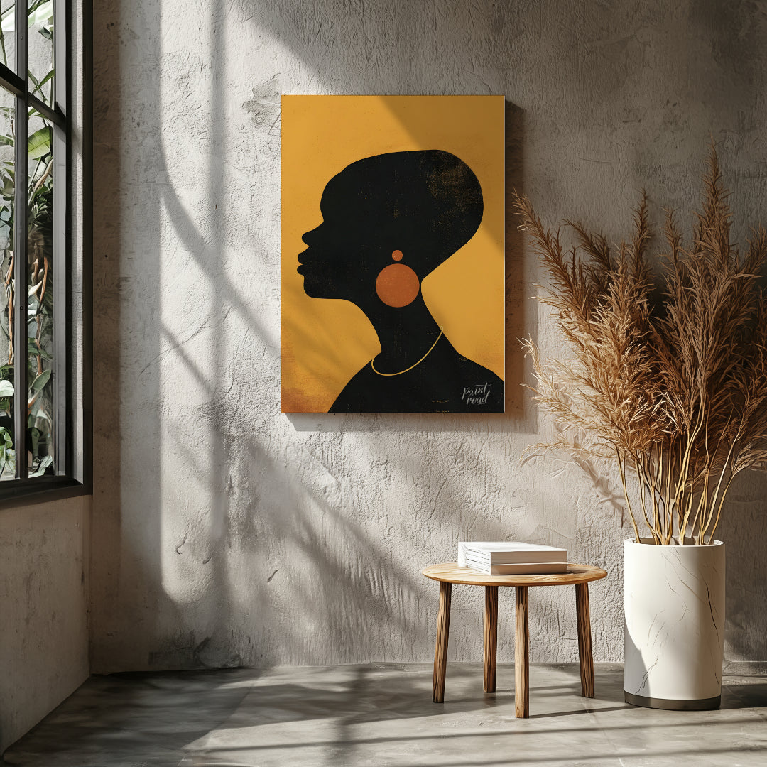 A minimalist and striking portrait of a woman, rendered in bold black and gold tones. The artwork f… for living room