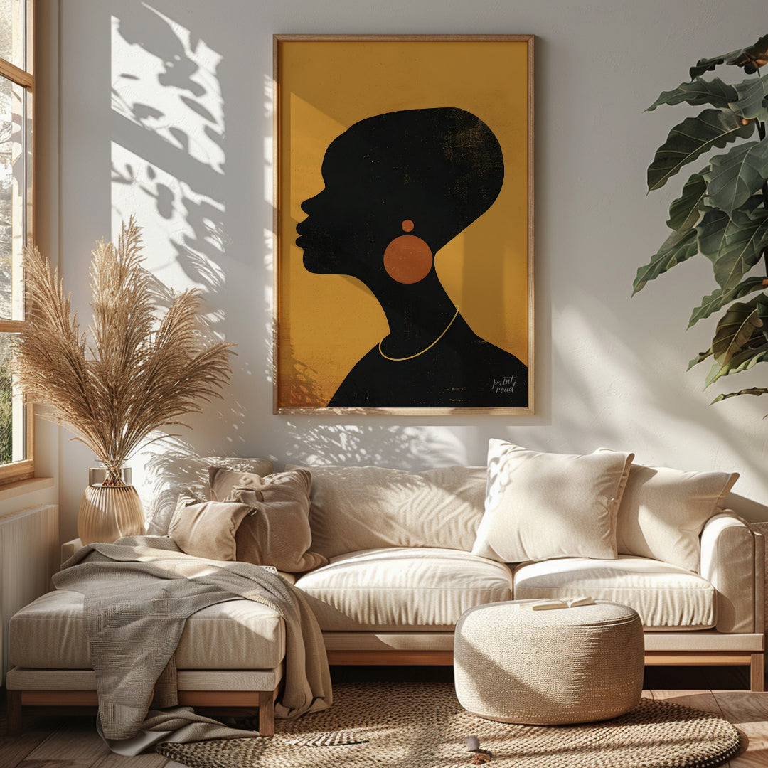 A minimalist and striking portrait of a woman, rendered in bold black and gold tones. The artwork f… for living room