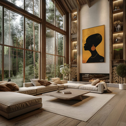 A minimalist and striking portrait of a woman, rendered in bold black and gold tones. The artwork f… for living room