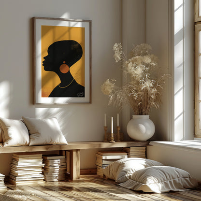 A minimalist and striking portrait of a woman, rendered in bold black and gold tones. The artwork f… for living room